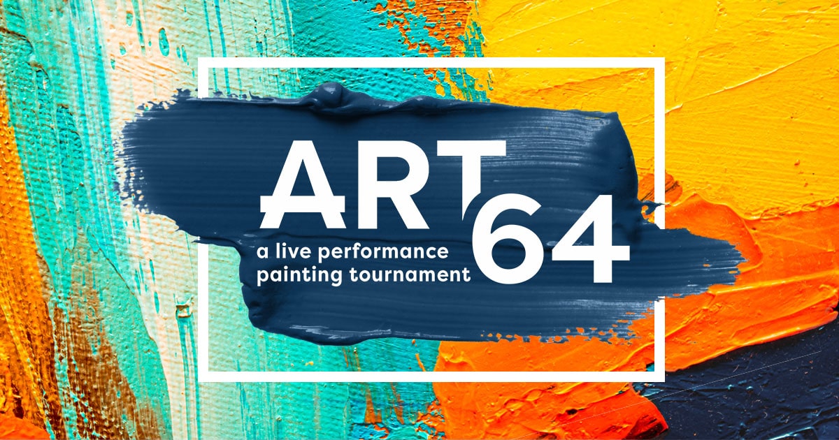 Paint strokes with the text ART 64, a live performance painting tournament