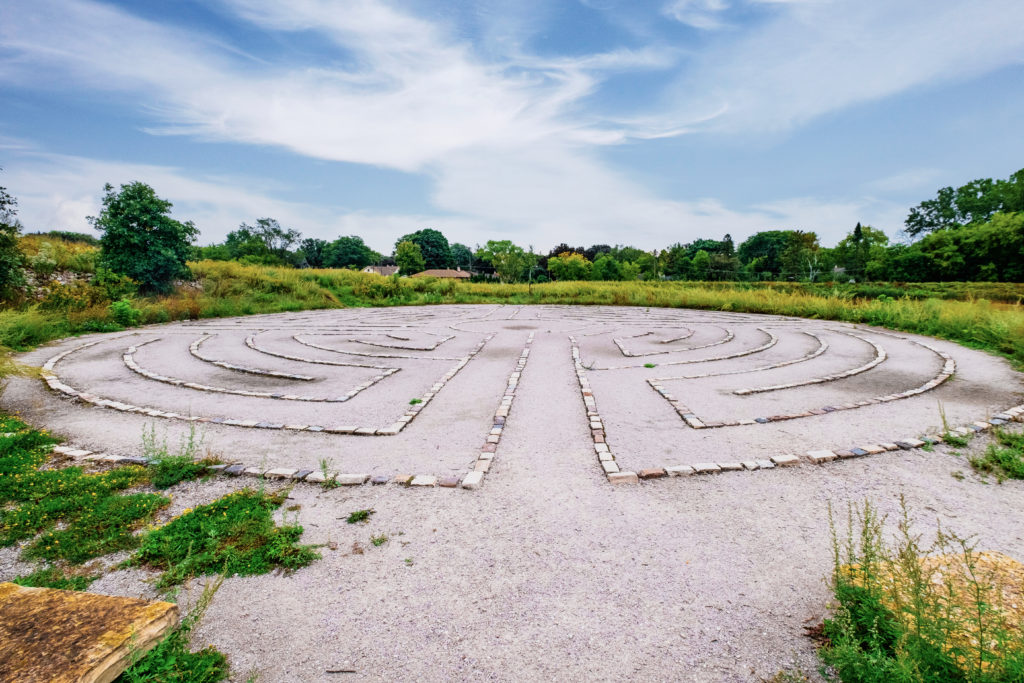 Hartung Park labyrinth with blue skies in the background
